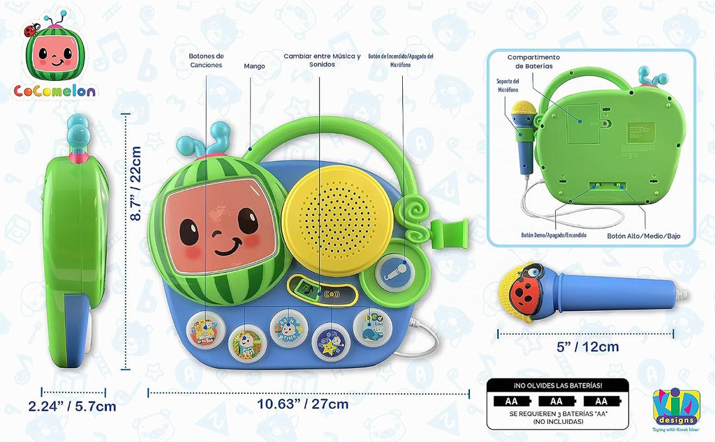eKids Cocomelon Juguete Singalong Boombox con micrófono y música incorporada, juguetes para niños pequeños para fanáticos de los regalos de Cocomelon