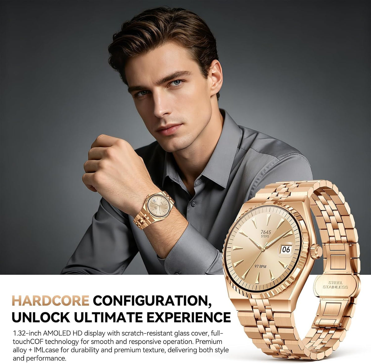 Reloj inteligente de lujo para negocios, pantalla AMOLED HD de 1.32 pulgadas, llamadas Bluetooth 5.4, correa de acero inoxidable, más de 160 modos deportivos, reloj de fitness con monitor de