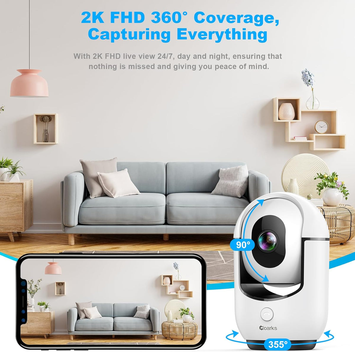Cloarks Cámara de seguridad panorámica/inclinable 2K, cámaras de interior WiFi para seguridad del hogar con detección de movimiento AI, cámara para mascotas/perros/bebé con aplicación de teléfono