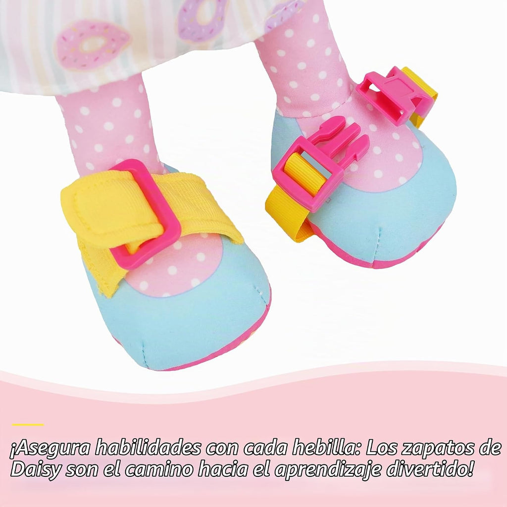 June Garden Dressy Friends Daisy de 15.5 pulgadas, muñeca de peluche educativa para niños y niños pequeños de 2 años en adelante, juguete suave con hebilla Montessori