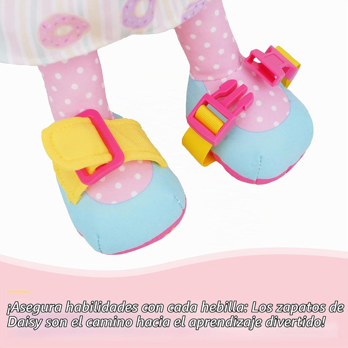 June Garden Dressy Friends Daisy de 15.5 pulgadas, muñeca de peluche educativa para niños y niños pequeños de 2 años en adelante, juguete suave con hebilla Montessori