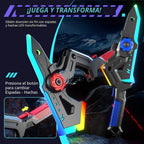 Paquete de 2 espadas de luz transformadora para niños, espada LED recargable brillante y hacha juguetes con aerosol de niebla y sonido, armas conectables de doble hoja, accesorios de cosplay para