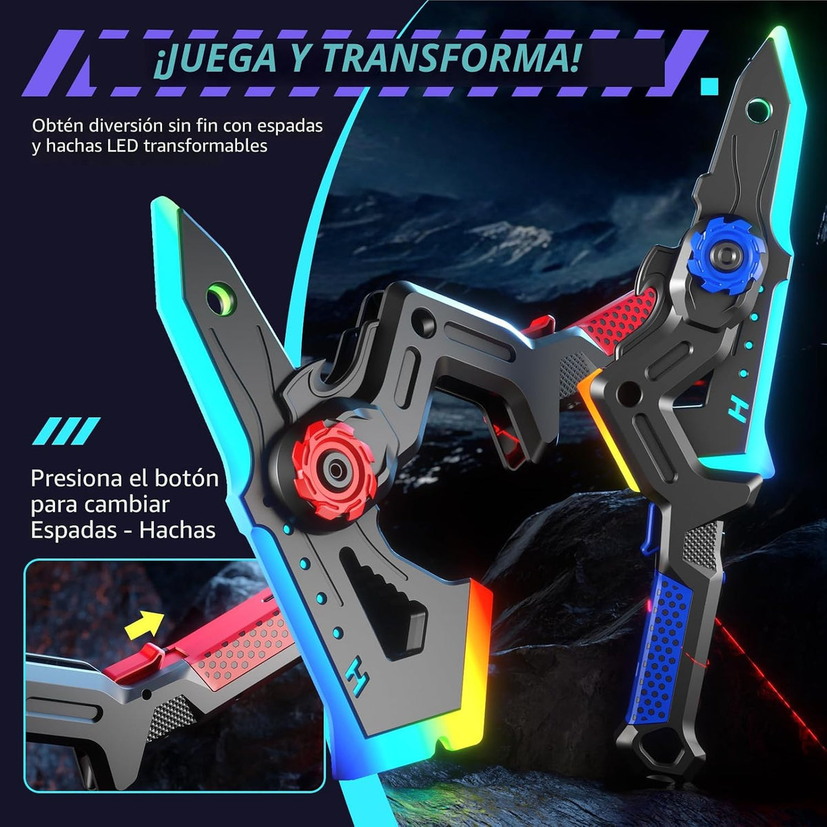 Paquete de 2 espadas de luz transformadora para niños, espada LED recargable brillante y hacha juguetes con aerosol de niebla y sonido, armas conectables de doble hoja, accesorios de cosplay para