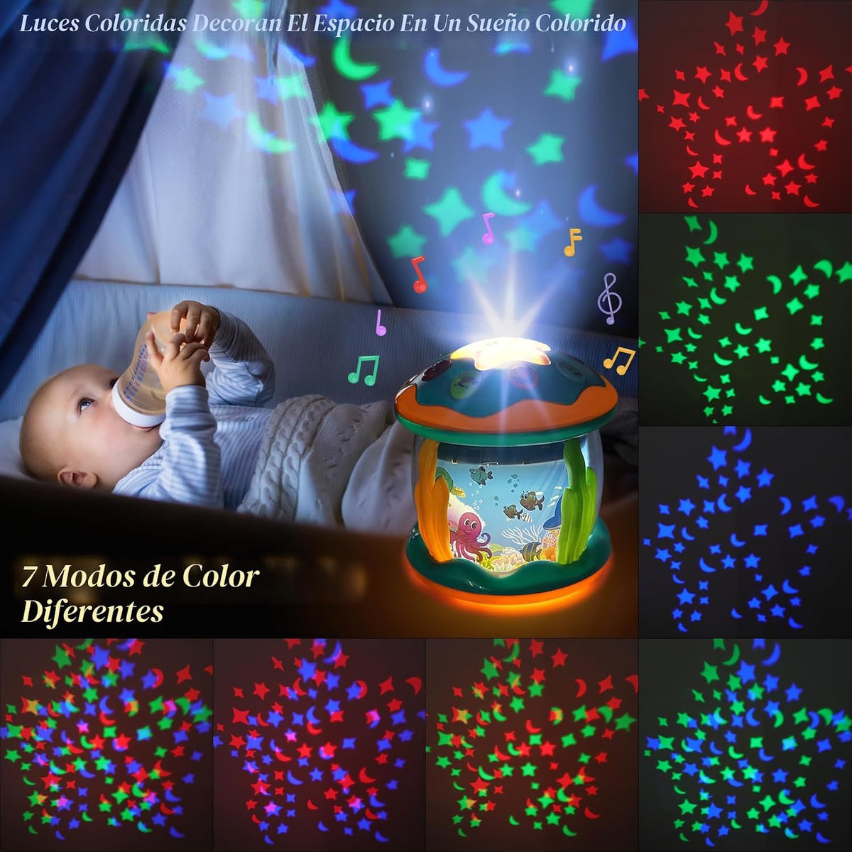 Juguetes musicales con luz para el tiempo de barriga, juguete de proyector giratorio de océano para niño y niña