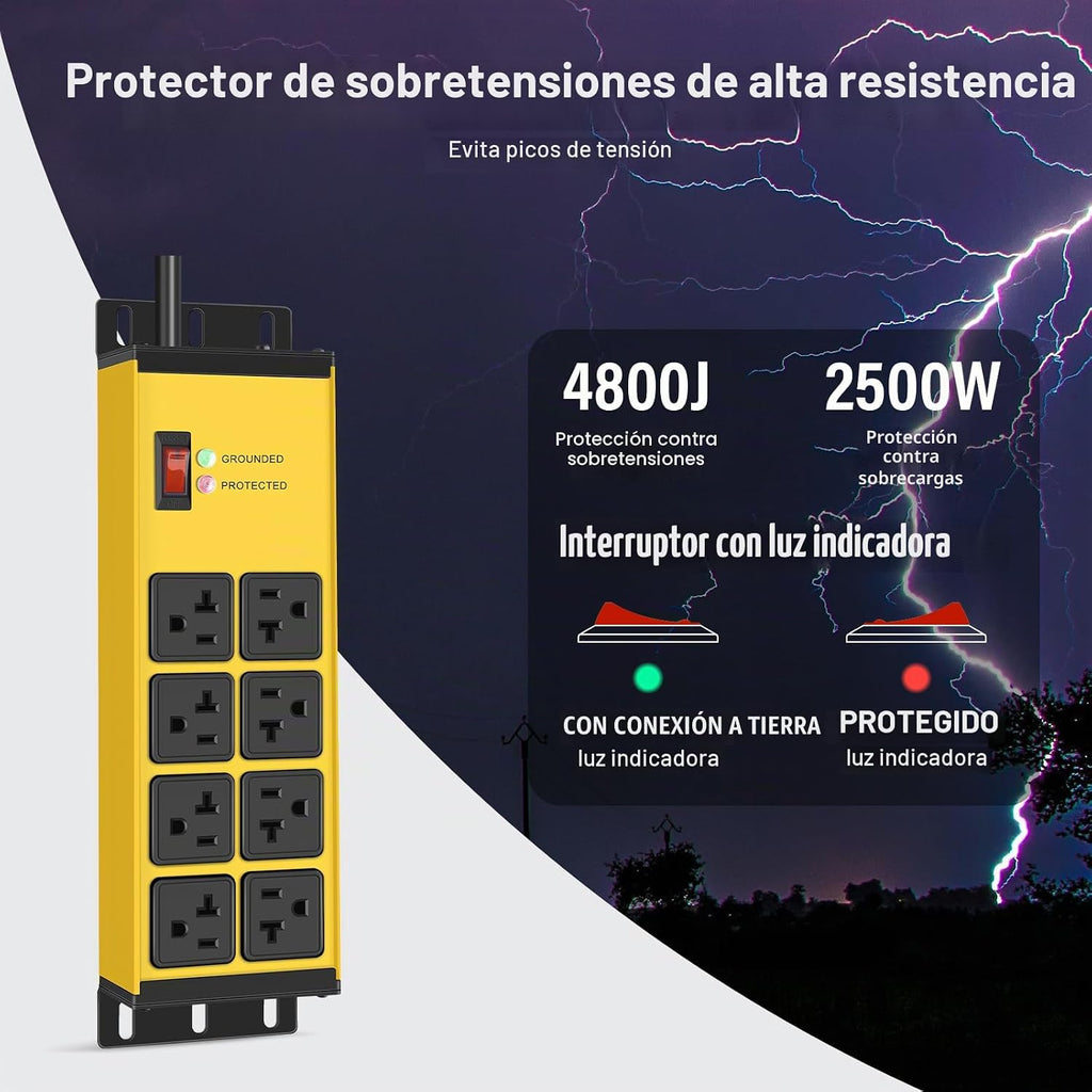 CCCEI Regleta de alimentación resistente calibre 12, 8 puertos, amarillo, 4