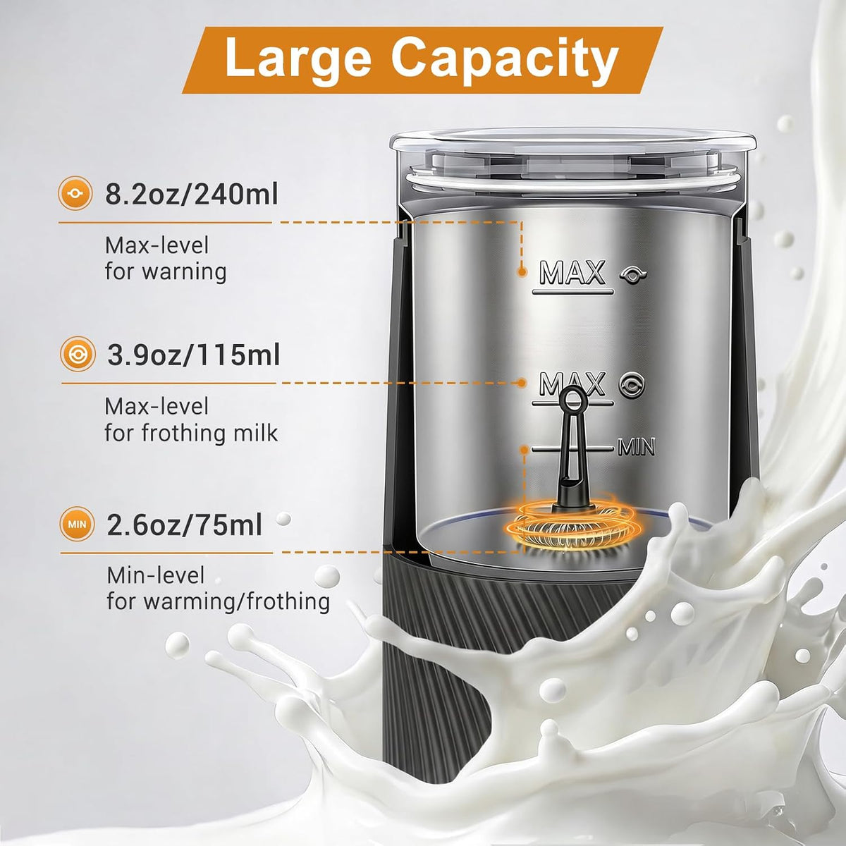 Wowteam Espumador de leche, vaporizador de leche eléctrico 4 en 1, calentador de leche caliente y fría y máquina de espuma para café, café con leche, capuchinos, macchiato, 8.2 oz/8.1 fl oz, acero