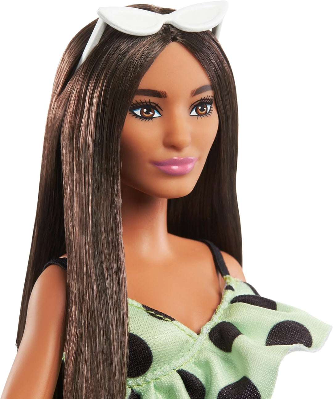 Barbie Fashionistas Doll #200 con pelo moreno, mameluco de lunares...