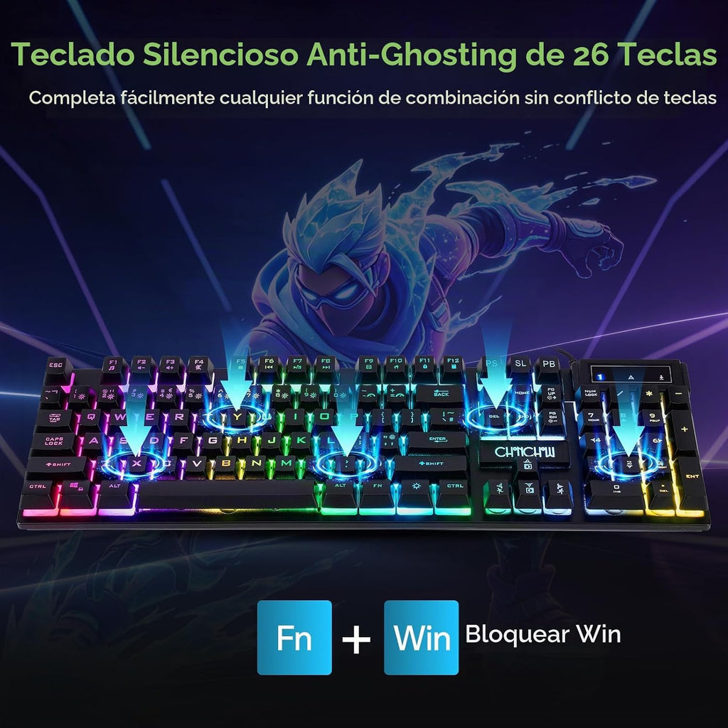 Combo teclado y mouse para gaming, auriculares, mouse pad, 10 efectos RGB Backlit