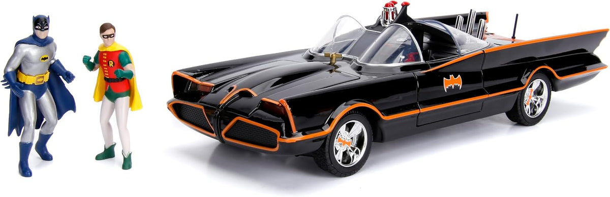 Jada DC Comics 1:18 1966 Serie de TV clásica Batmobile - Coche fundido a presión con figuras de Batman y Robin de 3 pulgadas, juguetes para niños y adultos