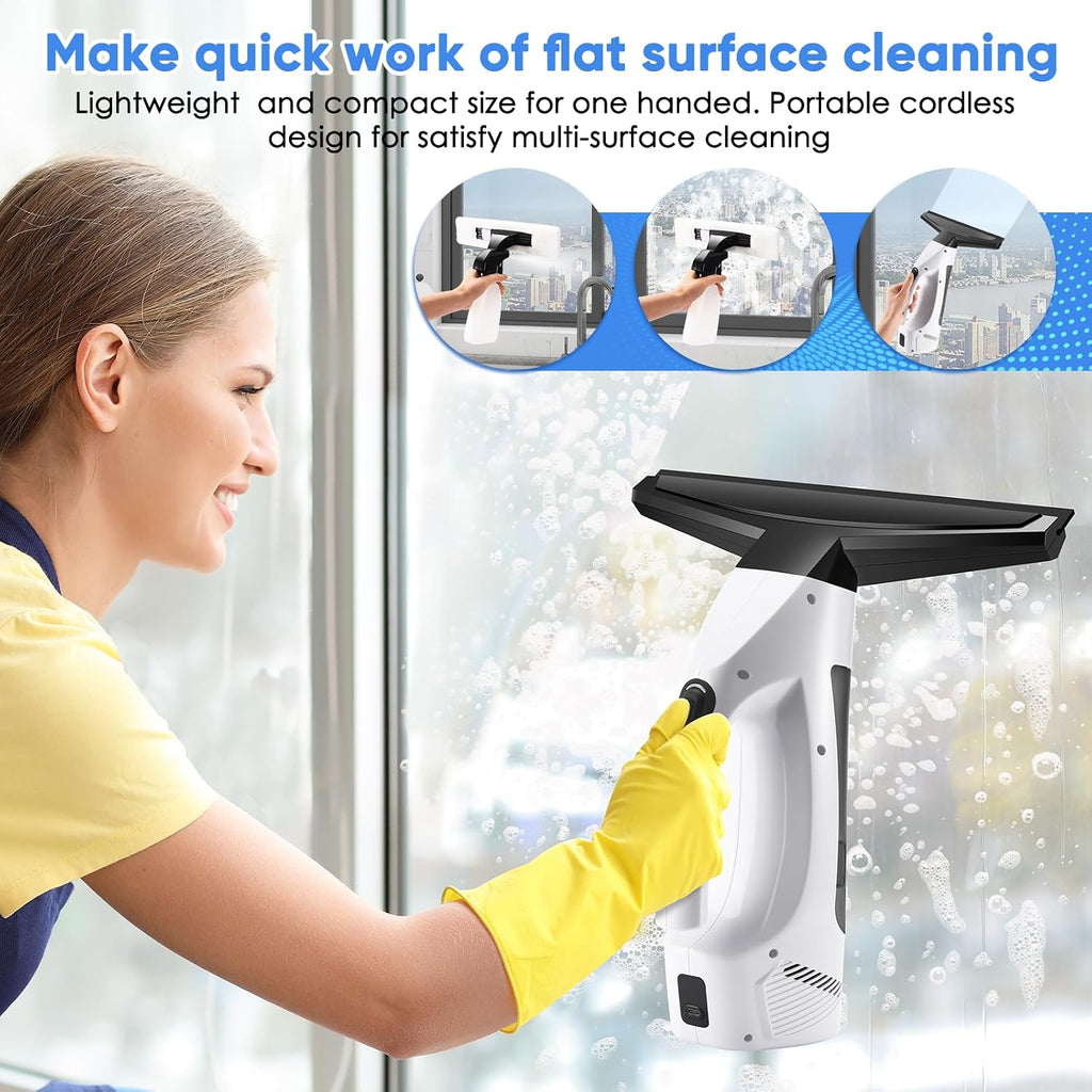 Aspiradora de ventana inalámbrica, 2000 Pa, limpiador eléctrico recargable de ventana con tanque de agua de 6.8 fl oz, kit de limpieza con botella de spray y almohadilla de microfibra para vidrio