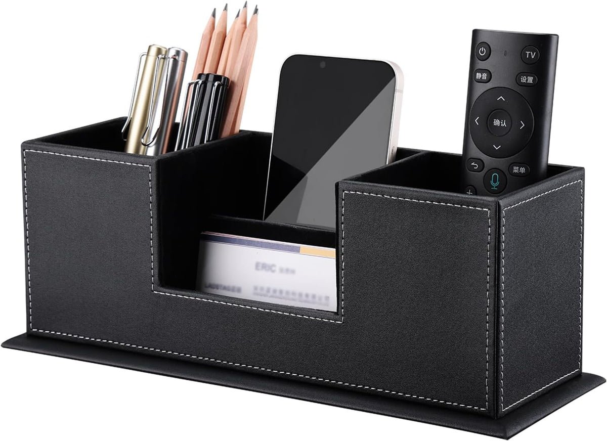 Organizador de escritorio para suministros de oficina, caja de almacenamiento de piel sintética, 4 compartimentos divididos para bolígrafos, tarjetas de visita, control remoto, teléfono
