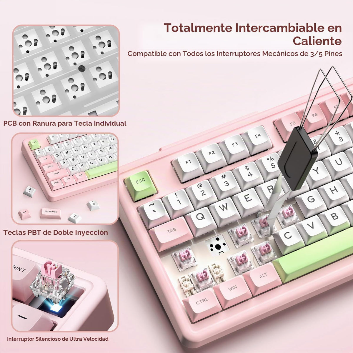 AUSDOM H98 - Teclado mecánico cremoso rosa, teclado inalámbrico sil...
