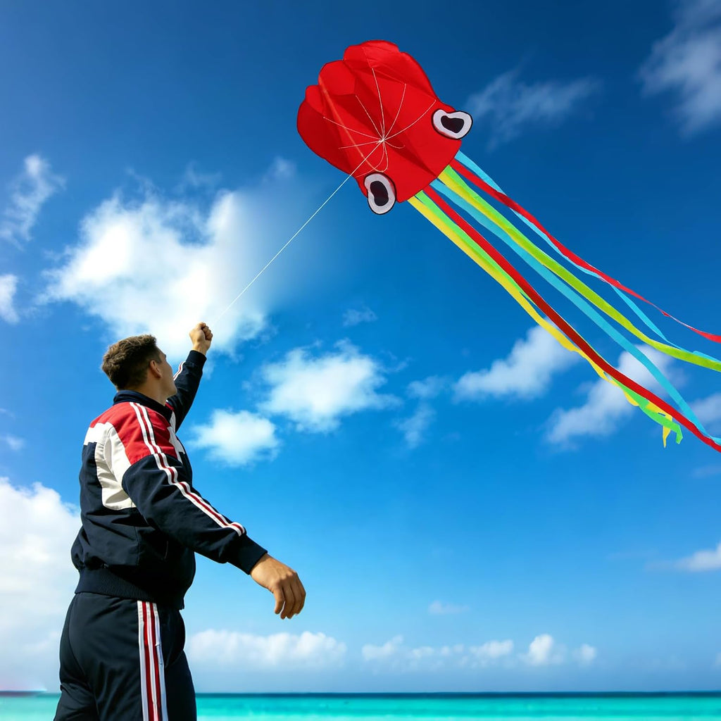 Xida - Cometa de pulpo para niños de 4 a 8 años, cometas profesionales para principiantes y adultos, cometas de playa fáciles de volar para niños y niñas, cola larga y colorida con línea de 200 pies
