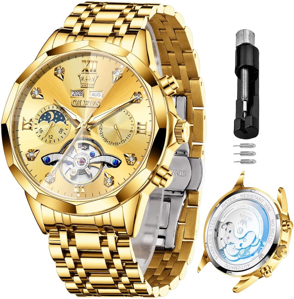 OLEVS Relojes de Hombre Esqueleto Automático Lujo de Negocios Diamante Autoentregado (Self Winding) Reloj de Pulsera de Acero Inoxidable con Calendario