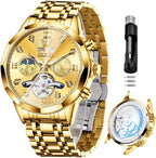OLEVS Relojes de Hombre Esqueleto Automático Lujo de Negocios Diamante Autoentregado (Self Winding) Reloj de Pulsera de Acero Inoxidable con Calendario