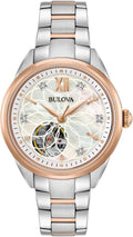 Bulova Reloj Clásico para Dama Diamond de 3 Manos Automático en Acero Inoxidable, Esfera de Madreperla y Abertura Abierta