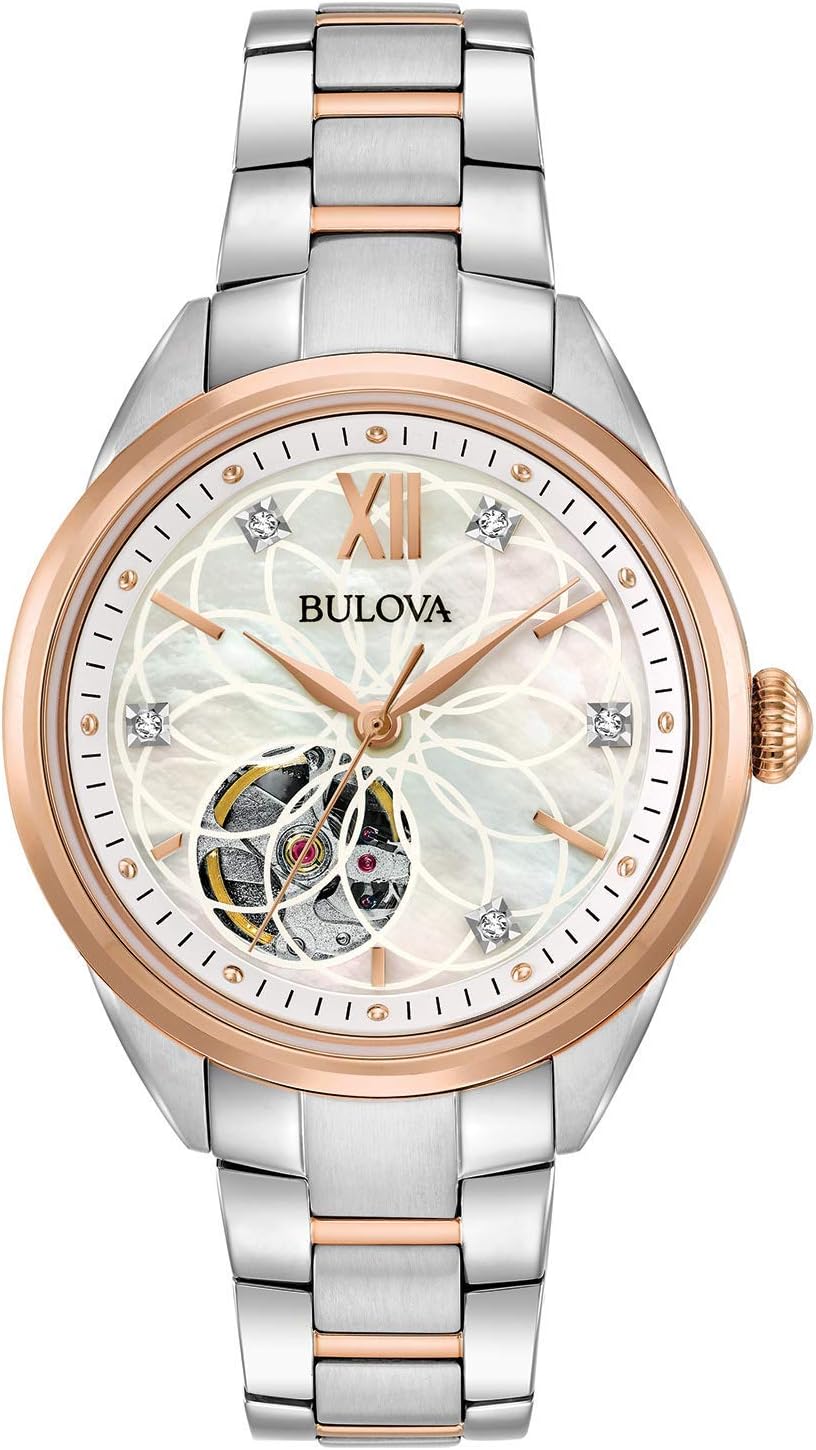 Bulova Reloj Clásico para Dama Diamond de 3 Manos Automático en Acero Inoxidable, Esfera de Madreperla y Abertura Abierta