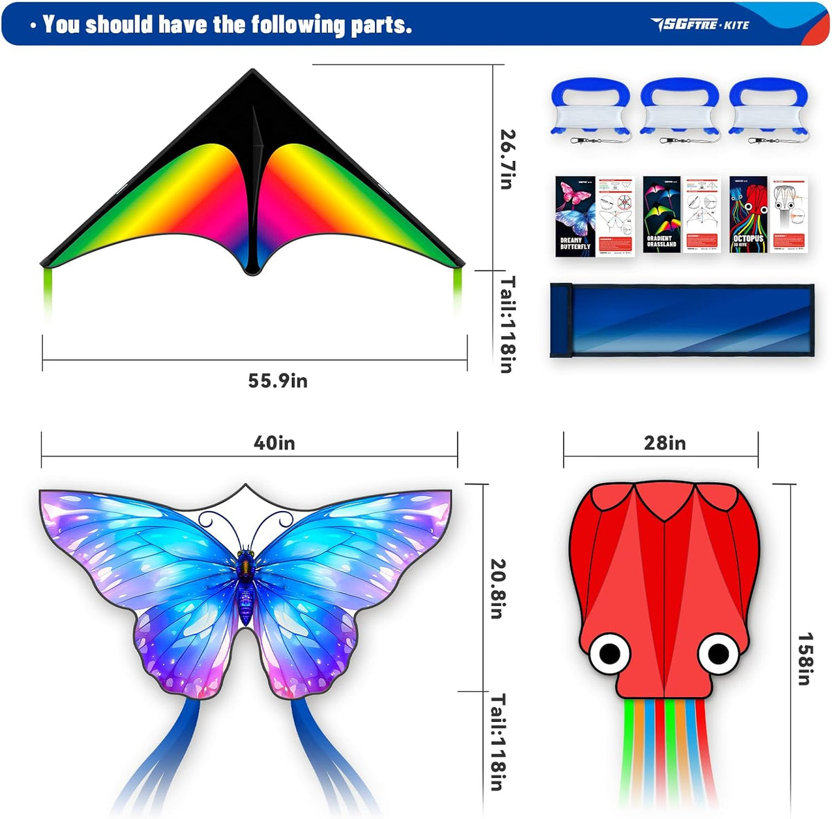 Juego de 3 Piezas de Cometas Mariposa Delta Pulpo para Niños y Adultos, Fácil de Volar para Adultos y Niños al Aire Libre, Cometa de Línea para Niños Juguete (Arcoíris Degradado de Pastizales +