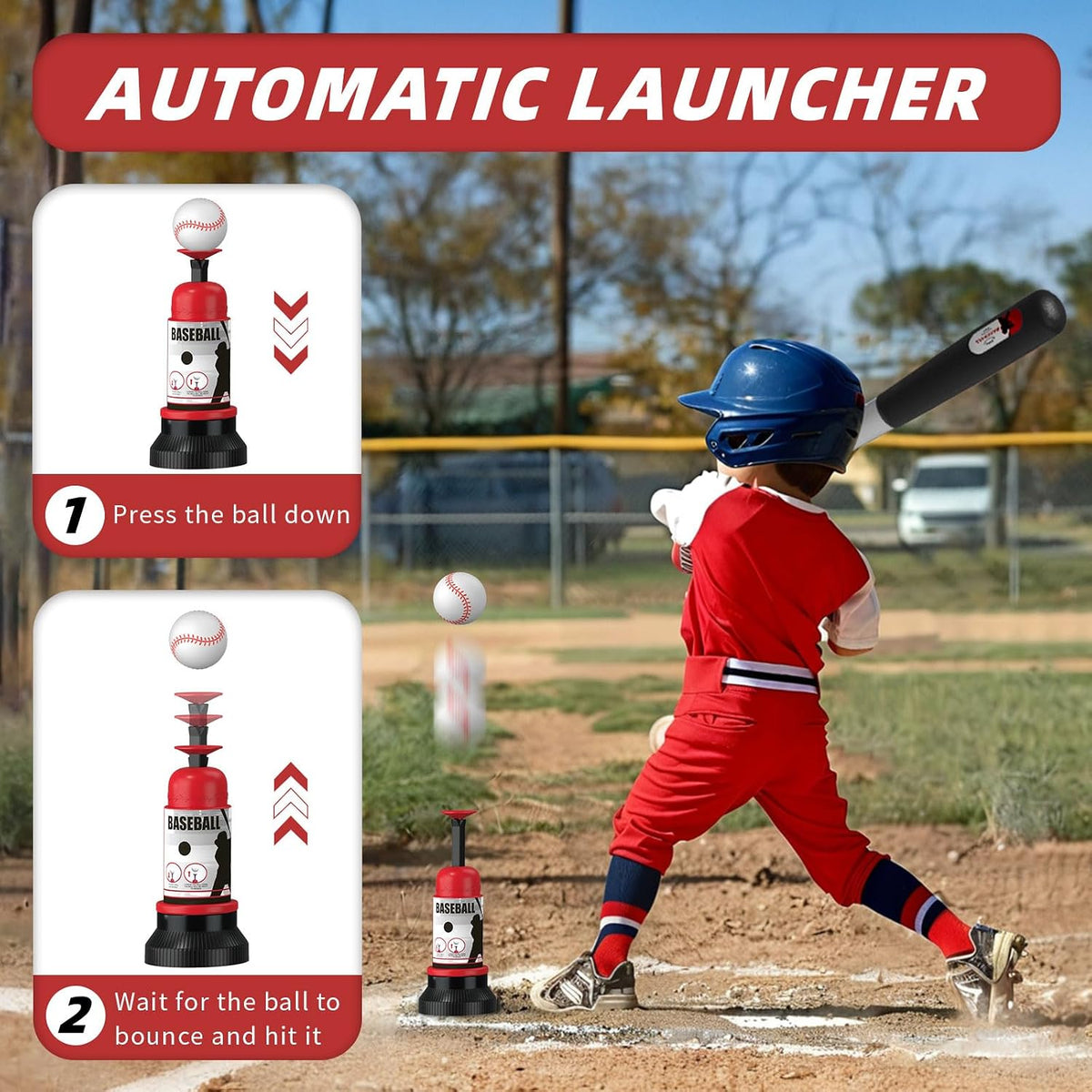 Juego de béisbol 3 en 1 - Altura ajustable, juego de bate de tee colgante con máquina de lanzamiento automática/6 bolas/bate retráctil, soporte de tball adecuado para exteriores, juguetes
