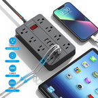 Regleta de alimentación con USB, enchufe plano con 8 tomas de corriente ampliamente espaciadas y 6 puertos USB (1USB C), cable de extensión de 5 pies de montaje en pared para smartphone