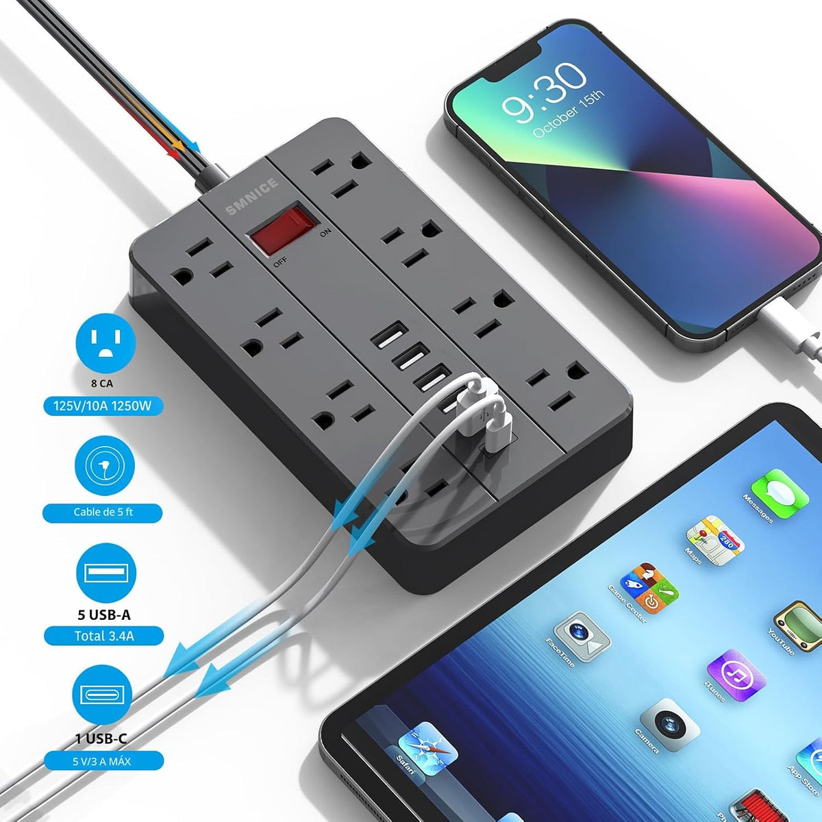 Regleta de alimentación con USB, enchufe plano con 8 tomas de corriente ampliamente espaciadas y 6 puertos USB (1USB C), cable de extensión de 5 pies de montaje en pared para smartphone