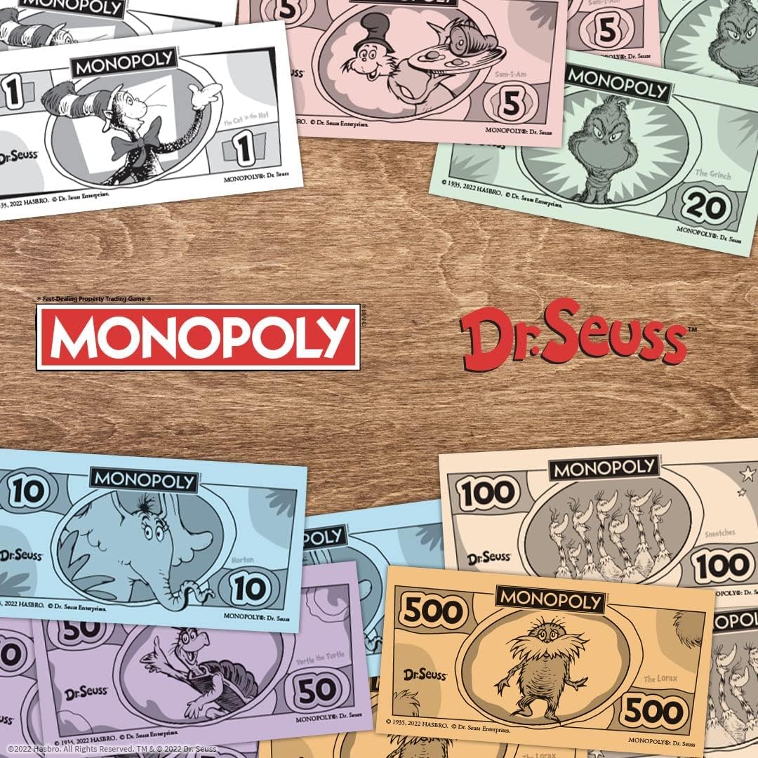 Monopoly: Dr. Seuss | Compra y vende libros | Juego clásico coleccionable de monopolio con tablero de juego personalizado y obras de arte | Juego y mercancía con licencia oficial