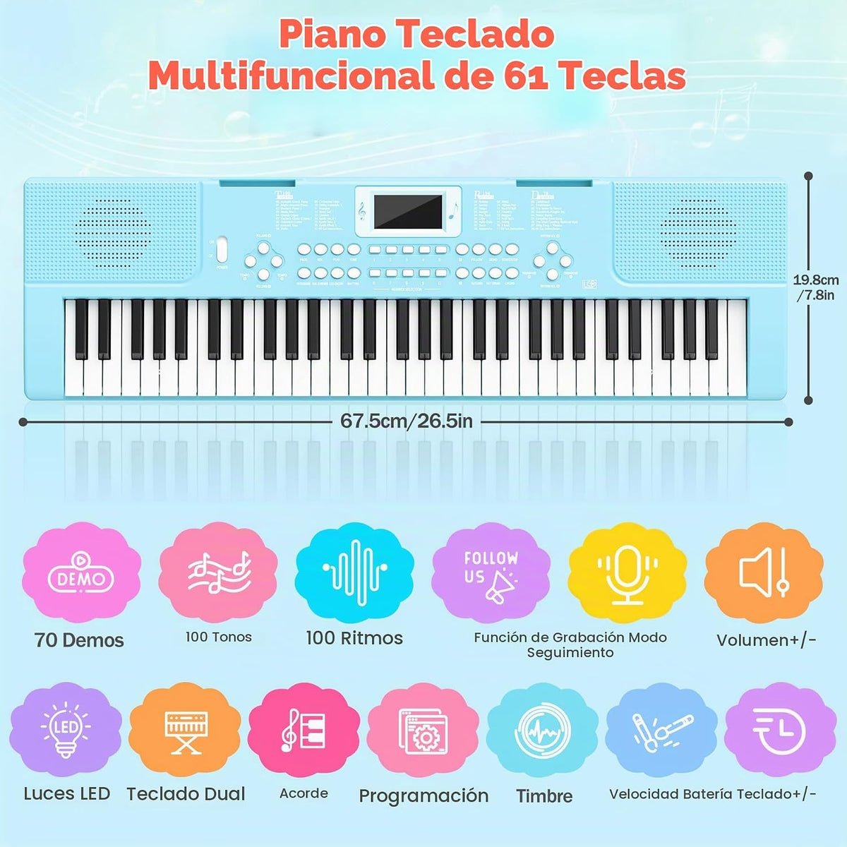 Teclado de piano para niños de 61 teclas con teclas iluminadas, modo de enseñanza, altavoz dual