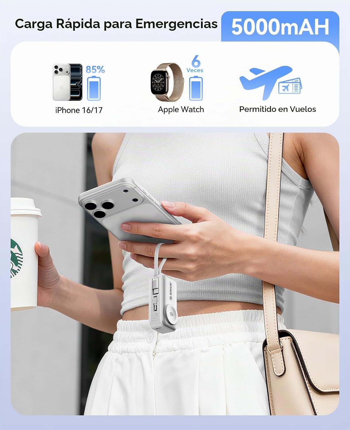 ORICO Cargador portátil de 5000 mAh con cable USB-C incorporado | M...