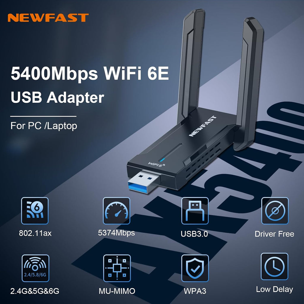 NEWFAST AX5400 Adaptador USB WiFi 6 para PC de escritorio Tri-Band USB 3.0