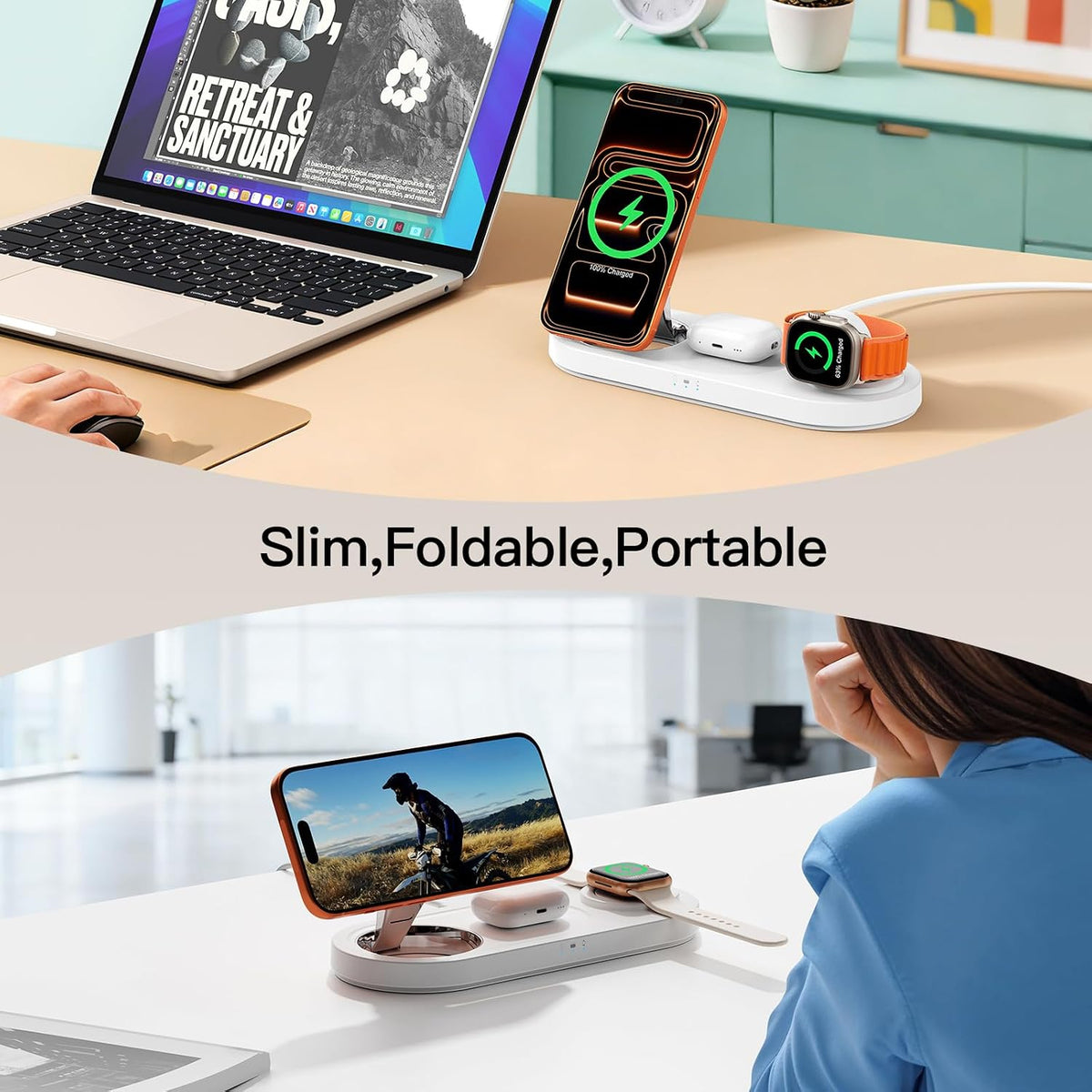 Estación de carga inalámbrica magnética 3 en 1 de 15 W, sin luz azul, para iPhone 17-12, cargador rápido de 5 W para Apple Watch AirPods, soporte plegable, base de carga MagSafe para mesita de noche