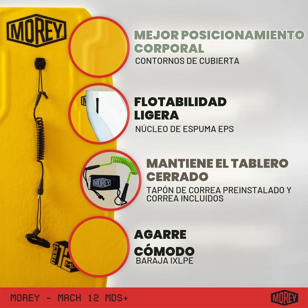 MOREY® Tabla Boogie. Mach 12 MDS, bodyboard de 42.5 pulgadas. Tablas de cuerpo de velocidad dinámica para playa, para todos los niveles de habilidad, cuerda de fibra de vidrio integrada, con correa de