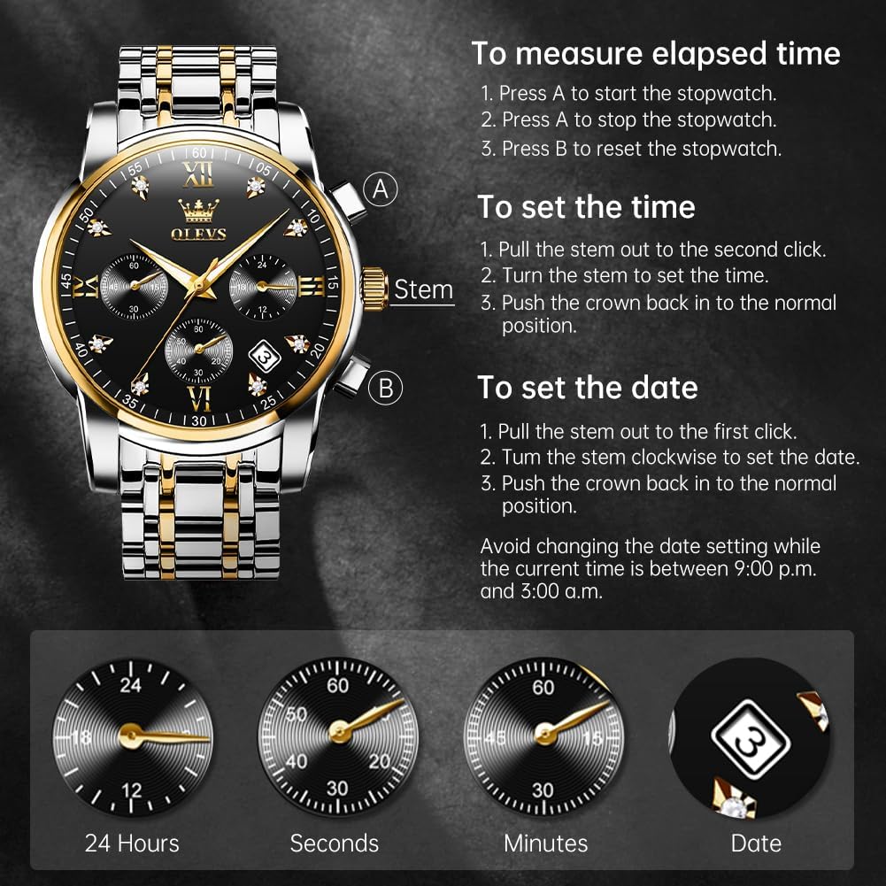 OLEVS Relojes para Hombre de Lujo a prueba de agua Lúminosos de lectura fácil Cronógrafo Con Esmalte Dorado Completo / Blanco Dial / Cara Negra Calendario Pulsera Relojes