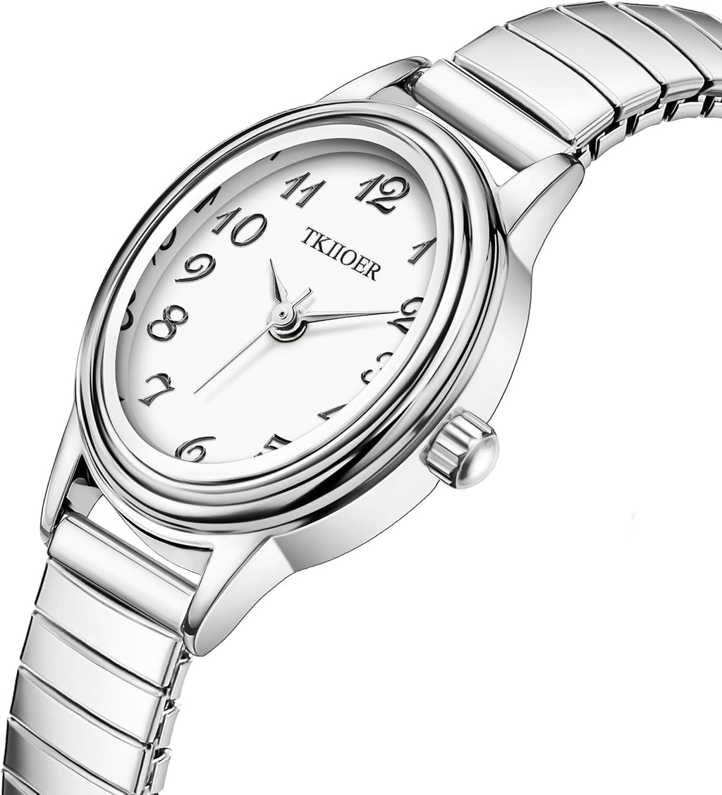 Relojes pequeños de oro para mujer, reloj analógico de esfera fácil de leer, caja ovalada, banda de expansión de acero inoxidable, reloj impermeable
