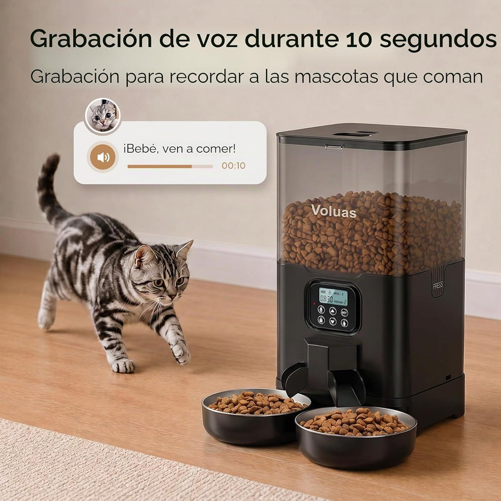 Comedero Automático VOLUAS para Dos Gatos con Dos Platos de Acero Inoxidable, 6L
