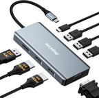 Estación de acoplamiento USB C Adaptador de monitor dual, estación de acoplamiento para portátil 8 en 1, 3 monitores Pantalla cuádruple USB C Hub Dongle a 4K HDMI+DP+VGA