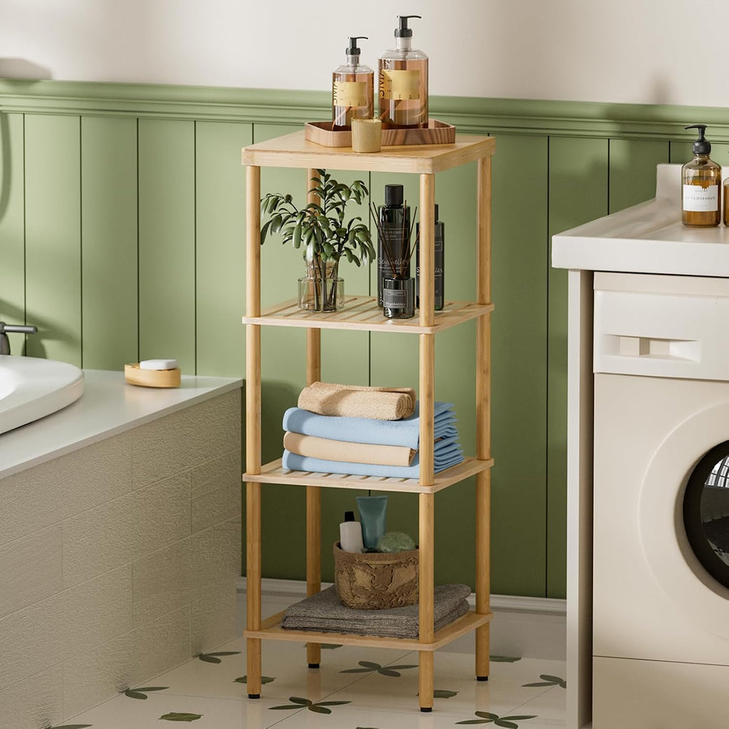 AmazerBath Estante de baño de bambú, estante de almacenamiento de baño de 4 niveles, estante de almacenamiento multifuncional para sala de estar, dormitorio, cocina, ahorrador de espacio