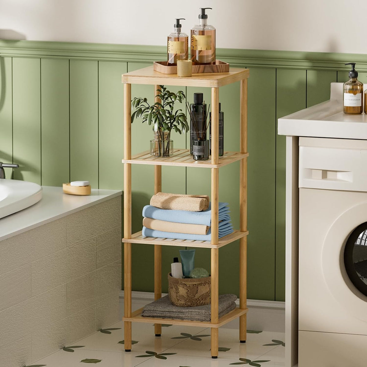 AmazerBath Estante de baño de bambú, estante de almacenamiento de baño de 4 niveles, estante de almacenamiento multifuncional para sala de estar, dormitorio, cocina, ahorrador de espacio