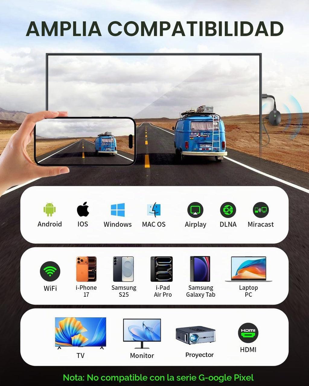 AIMIBO Adaptador de pantalla inalámbrico 4K verdadero 2.4G+5G a 60Hz Plug