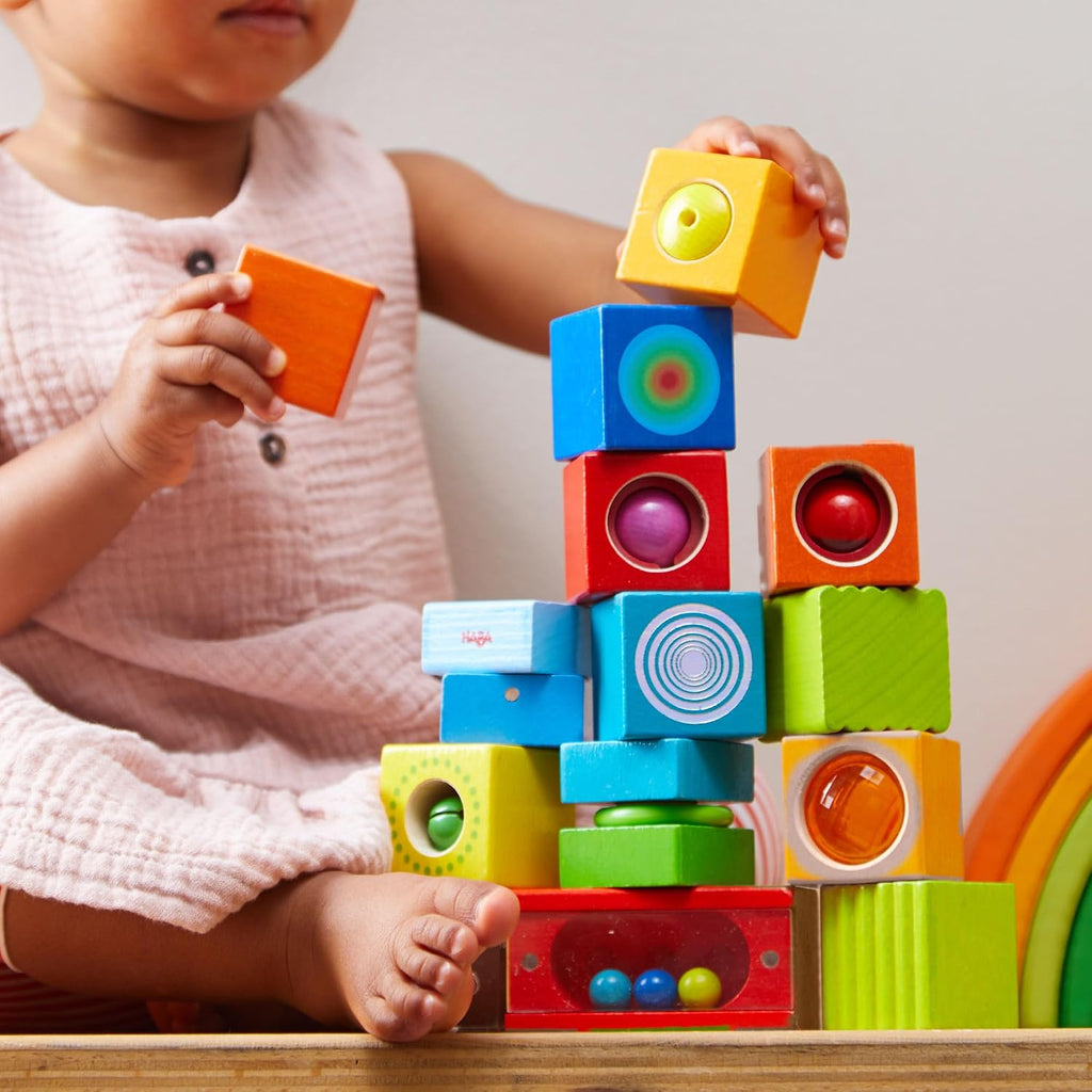 HABA - Diversión con sonidos, bloques de madera de descubrimiento para niños pequeños con sonidos acústicos, juguetes para niños pequeños para actividades de aprendizaje preescolar, (fabricado en