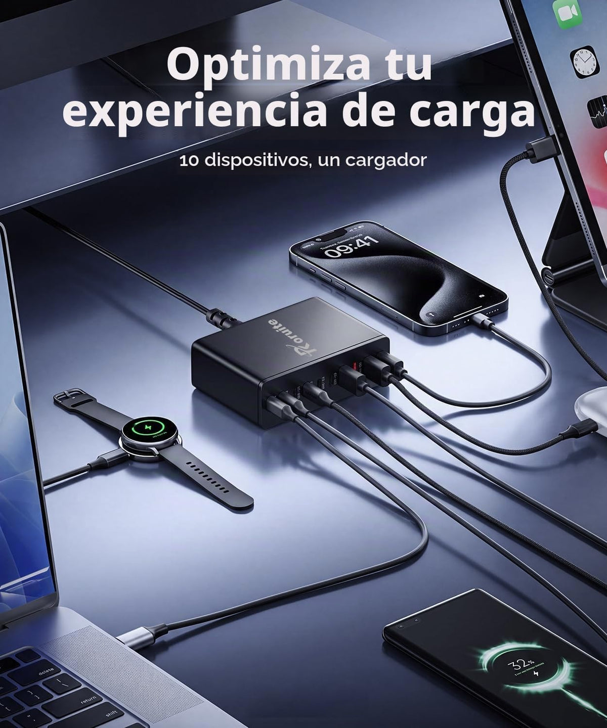 Estación de carga USB C Roruite de 10 puertos con 4 cables, bloque de