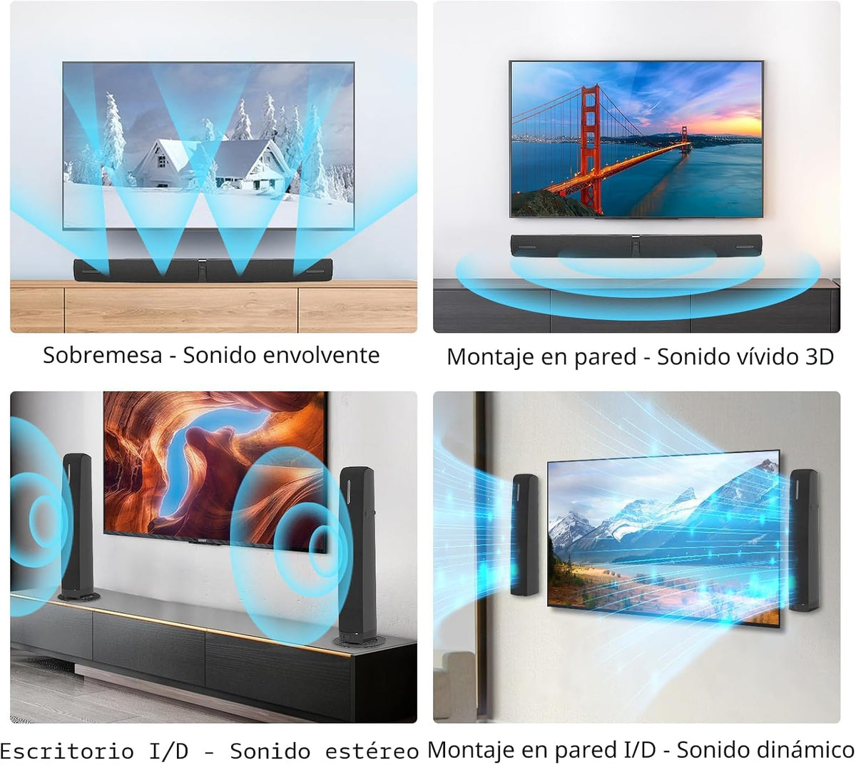 Barra de Sonido para Smart TV, Barra de Sonido de 90W con Conexión Bluetooth/ARC/Óptica/AUX, Aumento Automático de Volumen, 3 Modos de Ecualizador Personalizables, Barra de Sonido