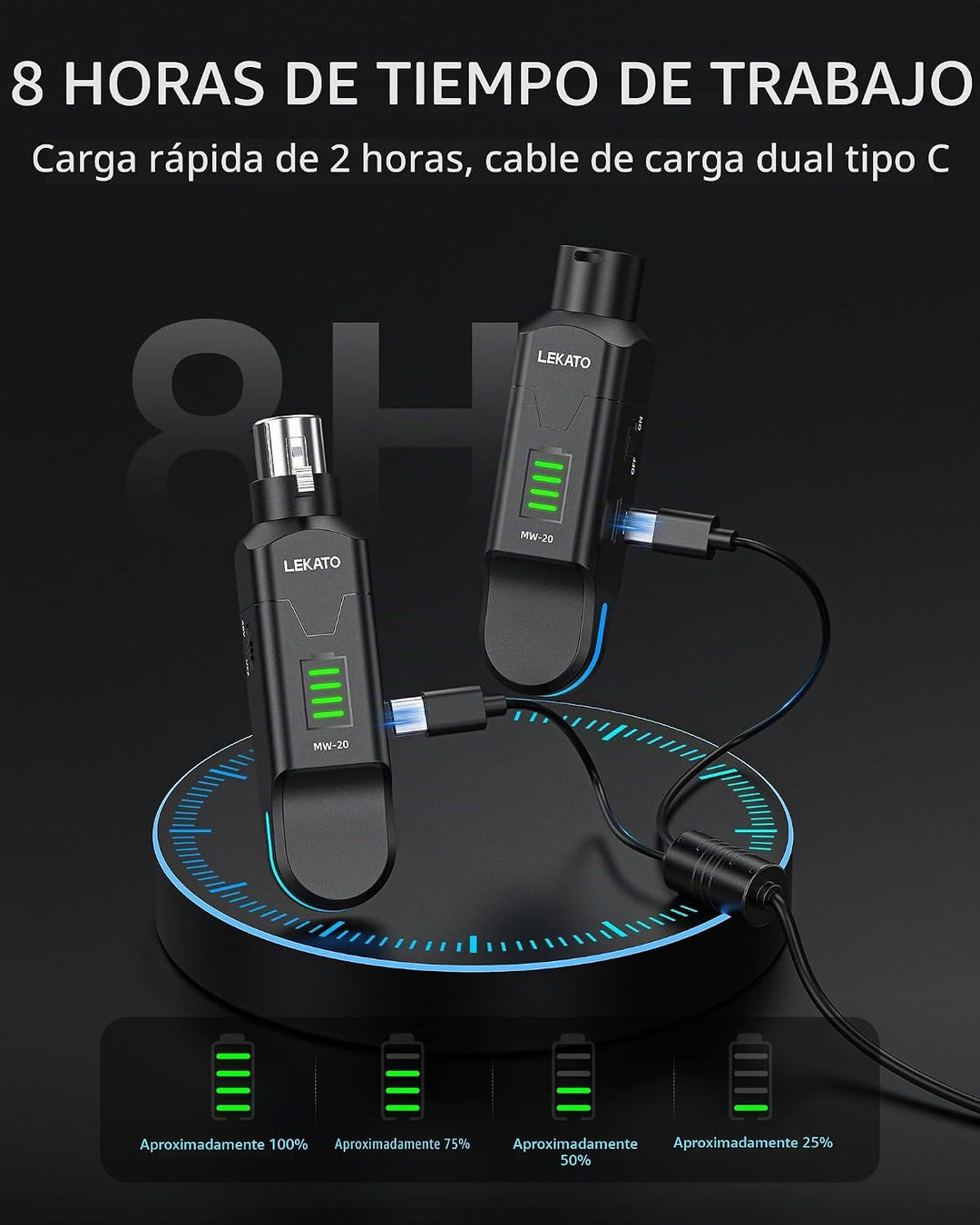LEKATO Receptor transmisor XLR inalámbrico de 2.4 GHz para micrófon...