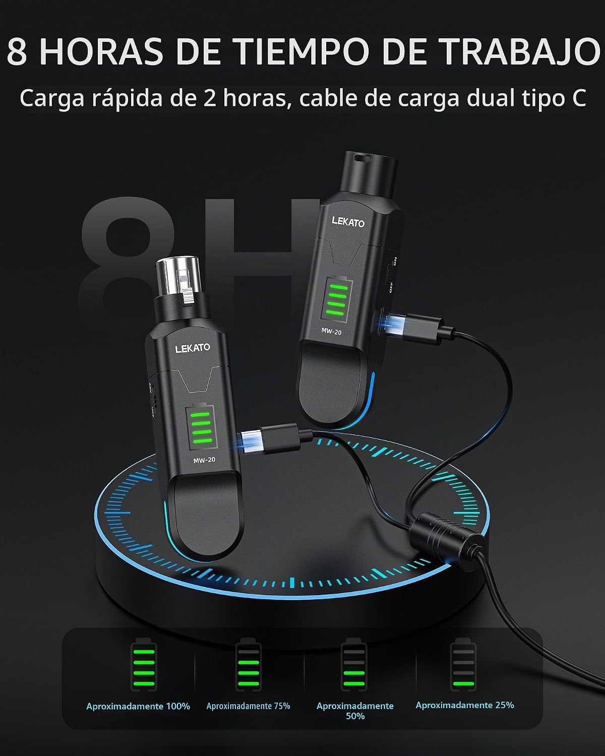 LEKATO Receptor transmisor XLR inalámbrico de 2.4 GHz para micrófono dinámico