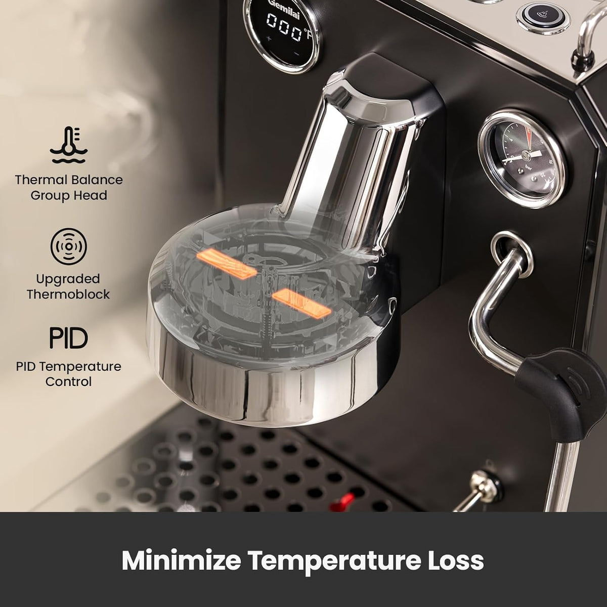 Gemilai Owl G3006 - Máquina de café expreso para el hogar, control de temperatura PID y cabezal de grupo comercial de 2.283 in, cafetera de acero inoxidable para arte latte de calidad barista, pantalla de datos dual, color negro