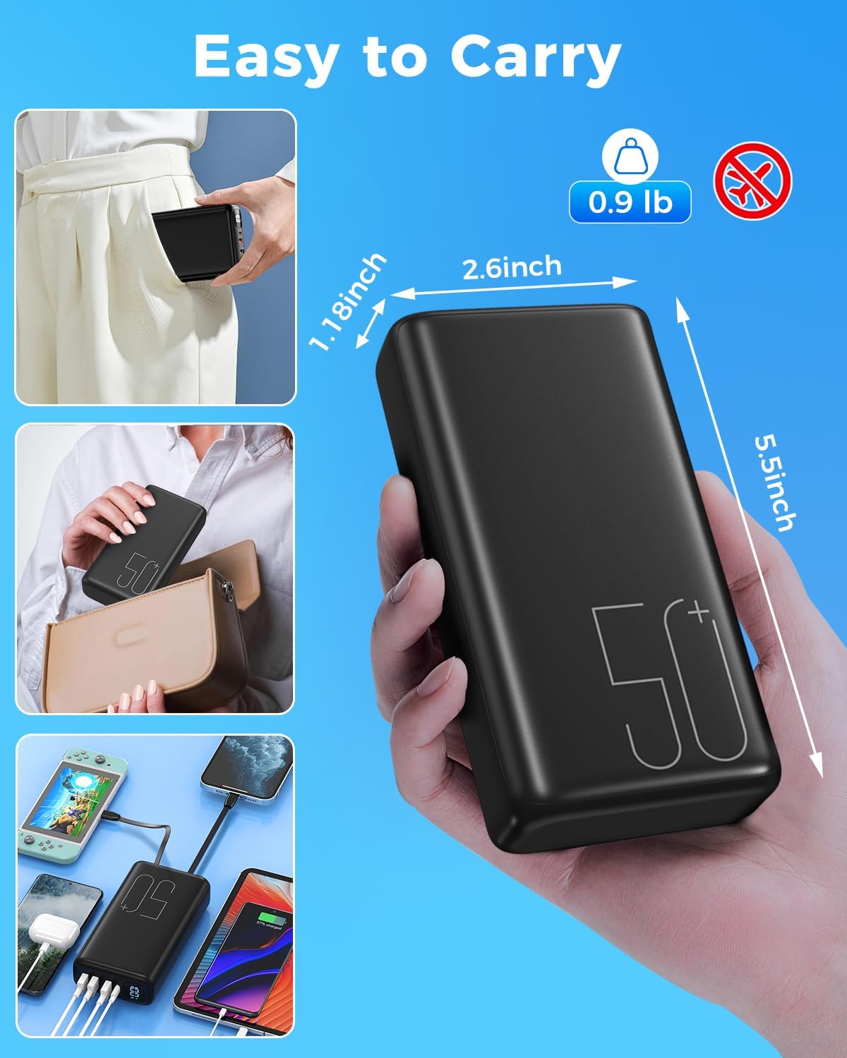 Eliegntist Cargador portátil de 50000 mAh con cables USB-C y Lightn...
