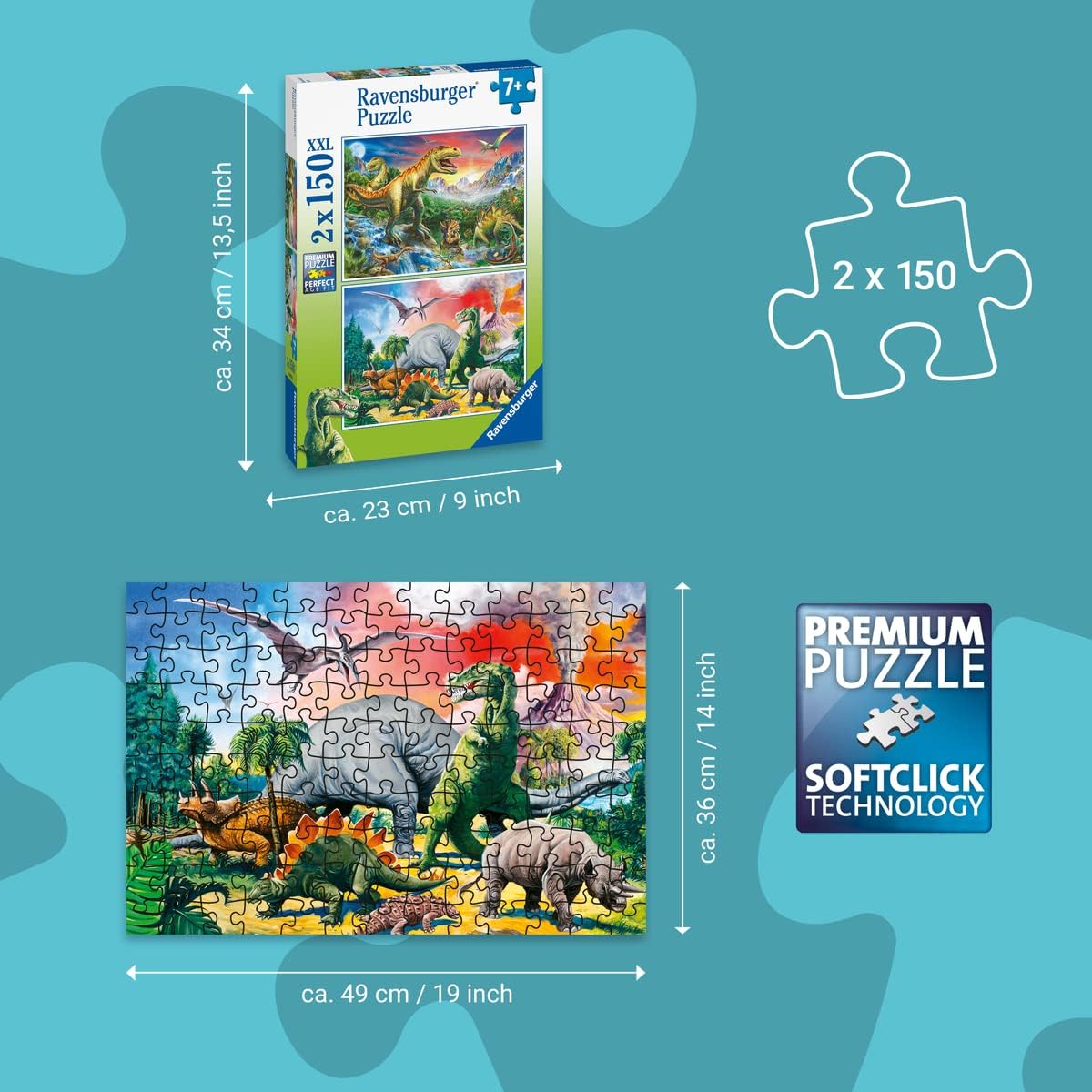 Ravensburger - Dinosaurios - Paquete de 2 rompecabezas de 150 piezas - Piezas XXL para un montaje más fácil - Imágenes espaciales impresionantes y atrevidas - Calidad premium - Regalo ideal