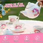 TUZT Juego de fiesta de té de porcelana para niñas pequeñas, juego de té de unicornio de 13 piezas, tetera, taza, platillo y maleta, juego de cocina de juguetes de simulación, regalo de cumpleaños de
