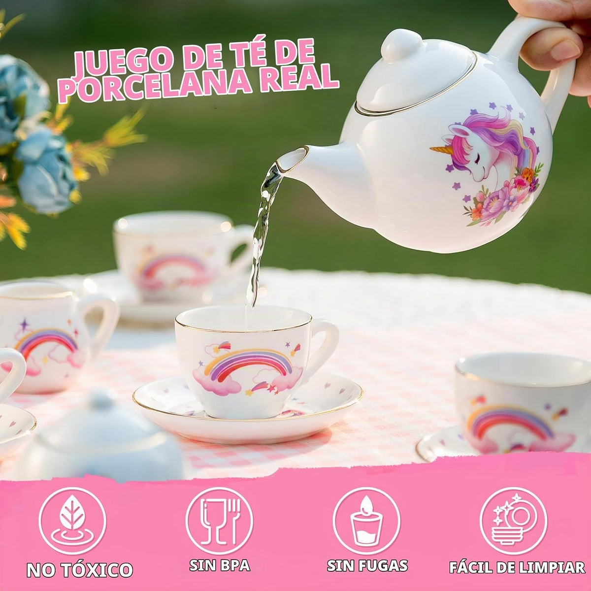 TUZT Juego de fiesta de té de porcelana para niñas pequeñas, juego de té de unicornio de 13 piezas, tetera, taza, platillo y maleta, juego de cocina de juguetes de simulación, regalo de cumpleaños de