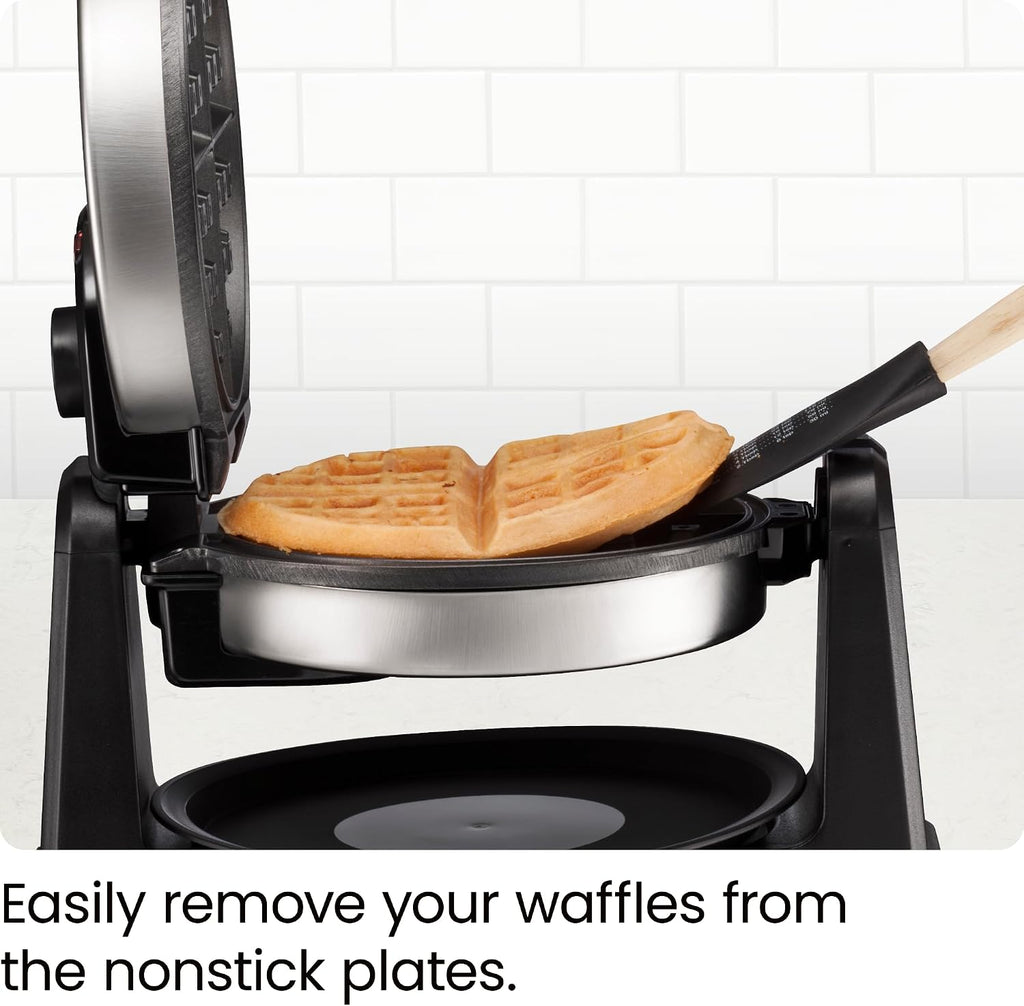 Chefman - Gofrera belga giratoria, plancha abatible de 180° con placas antiadherentes, temporizador ajustable, tapa con bloqueo y placa de goteo, almacenamiento que ahorra espacio, desayuno sin