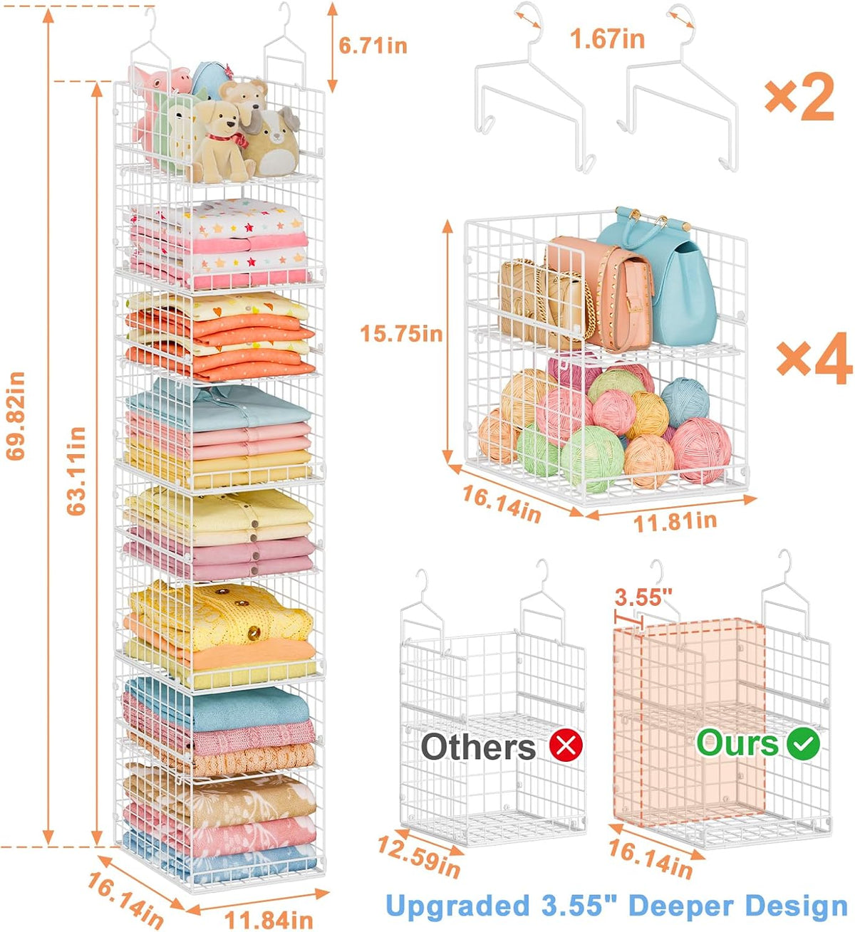 Organizadores de armario colgantes de profundidad extendida de 8 niveles y almacenamiento para sistema de armario, estantes apilables con 4 divisores ajustables para ropa, suéteres y bolsos, cesta